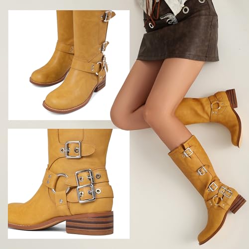 Image of AMINUGAL Knee High Boots Women Square Toe Pull On Wide Calf Riding Fashion Buckles Chunky Metallic Casual Vintage Buckle Rivet