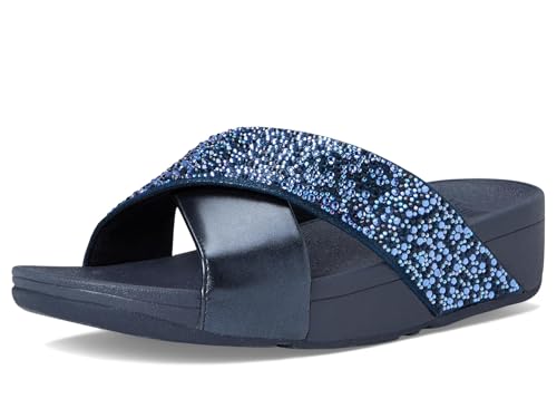 Image of FitFlop Womens Lulu Crystal-Mix Metallic Cross Slides All Black Sandal