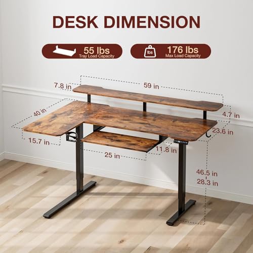 Image of Acrolix 59 inch L Shaped Standing Desk with Shelves Keyboard Tray,Rustic Brown