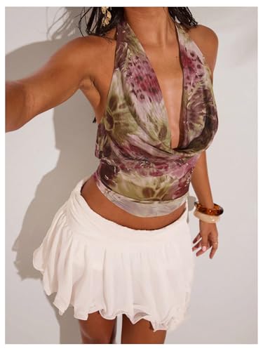 SOLY HUX Women's Cowl Neck Halter Tops Mesh Floral Deep V Neck Draped Front Backless Summer Going Out Crop Tank Tops3