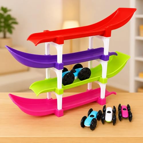 Image of 4-Level Car Ramp Racer Toy with 4 Mini Cars for Kids | Rolling Track Racing Toy for Toddlers Age 2-7 Years | Educational Car Slide | Birthday Gift for Boys & Girls | Colorful Racing Ramp Set