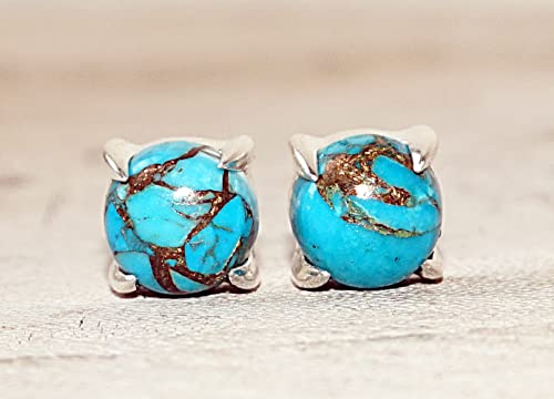 6Mm Round Natural Copper Turquoise 925 Sterling Silver Stud Earrings December Birthstone, S19 #TOP4
