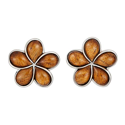 925 Sterling Silver Koa Wood Hawaiian Plumeria Flower Stud Earrings, Nickel Free Hypoallergenic for Sensitive Skin, Rhodium Finished, Gift Box Included