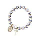 Cross Bracelet for Women Men Gold Plated Virgin Mary Pendant Baroque Pearl Rhinestone Charm Adjustable Beaded Christian Dainty Jewelry Gifts for Christmas Birthday