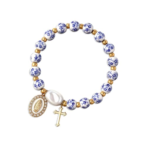 Cross Bracelet for Women Men Gold Plated Virgin Mary Pendant Baroque Pearl Rhinestone Charm Adjustable Beaded Christian Dainty Jewelry Gifts for Christmas Birthday