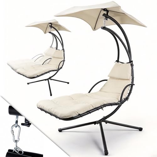 Verdego Schwebeliege mit Sonnendach Schaukelliege Outdoor Hängeliege mit Gestell Polsterauflage Kopfkissen bis 120 kg Belastbar Schwingliege für Garten Terrasse und Balkon Beige