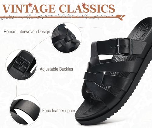 Image of KuaiLu Gladiator Sandals for Women with Comfortable Arch Support Summer Beach Walking Fisherman Slides Boho Outfits Flats Slip on Cushion Shoes Indoor Outdoor