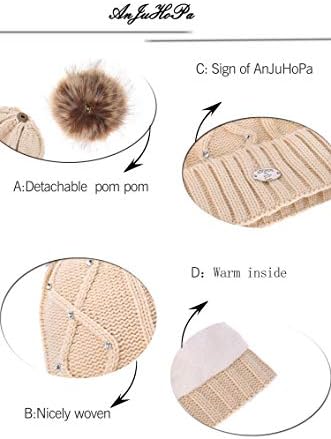 Winter Hats for Women Two Color Knit Beanie or Crystal Knitted Hats Fluffy Beanie Fleece Lining Detachable Faux Fur Pompom