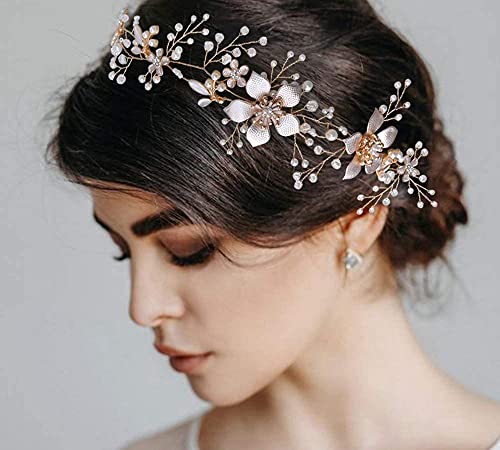 Ayliss Women's Wedding Bridal Headband Headpiece Necklace Crystal Handmade Rhinestone Pearl Wedding Hair Accessories (Rose Gold)
