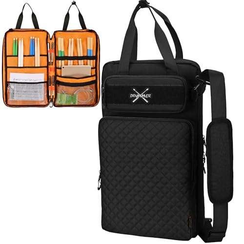 FURIMETY Drumstick Bag with Hanging Hook, Drumstick Mallet Carrying Case with Detachable Shoulder Strap, Hanging Drum Sticks Bag for Drummers, Quilted Black by FURIMETY - Used condition - US$26.49