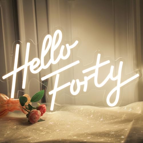 Image of Hello Forty Neon Sign 40th Birthday Party Decorations Neon Signs Hallo Forty Party Favors LED Neon Lights Gift for Him /Her