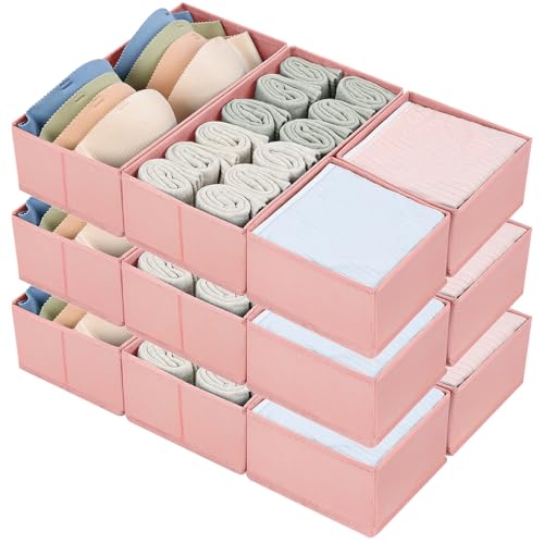 Image of DIMJ Drawer Organizers - Set of 12 Fabric Closet Organizers and Storage, Drawer Dividers for Baby Clothes, Socks, Belt, Tie (Pink)
