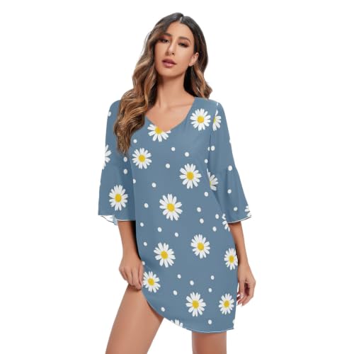 Robe d'été fluide col en V anti-transpiration en mousseline bleue motif marguerites
