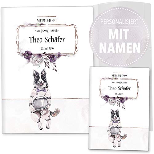 OLGS U-Heft und Impfpasshüllen Set 3-teilig Set Cosmo Hunde | Schutzhüllen für Untersuchungsheft & Impfpass, Babygeschenk mit Namen - Uhefthülle, Impfpasshülle personalisiert, Astro Tom