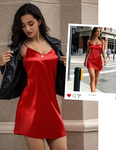 Image of Avidlove Satin Nightgowns for Women Silk Slip Dress Sexy Sleepwear | Adjustable spaghetti straps,elegant V neck,flattering mini lingerie dress,comfortable all day wear