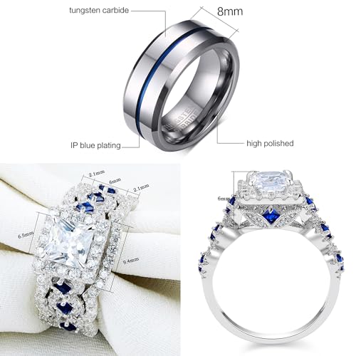 Newshe Jewellery Wedding Rings for Him and Her AAAAA Cz Women Sets Mens Tungsten Bands 925 Sterling Silver Couple Sz 5-133