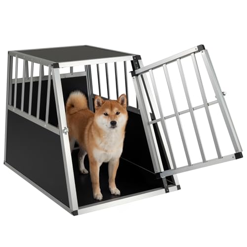 COSTWAY Trasportino per Cani Auto in Alluminio, Box Trasporto con Porta Bloccabile, Divisorio e Design Trapezoidale, Gabbia Antimorso per e Cani di Piccola Taglia (91 x 65 x 69,5 cm)