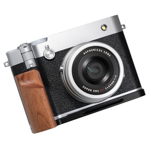 FUJIFILM GFX100RF 専用 カメラウッドグリップ 高級檀木材 木製ハンドル メタルベース L型グリップ ハンドメイド カメラケージ 電池交換可能 (赤茶色+ブラック)