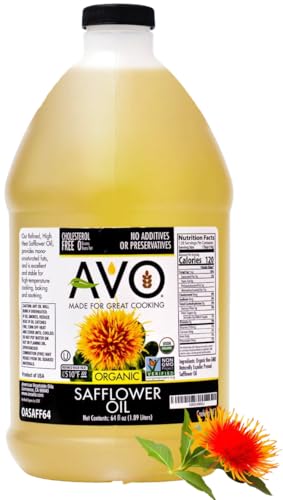 AVO Organic High Oleic Safflower Oil - Frying, Baking, Non-stick Sautéing, Salads, Vinaigrette, Marinades, Pan Coating, General Cooking 64 Fl-oz (Half a Gallon), No preservatives, Naturally Processed