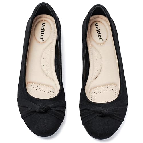 Image of Veittes Women's Wide Width Flat Shoes, Fashion Round Toe Comfortable Classy Design Dressy Ballet Flats.(2109004-4,BK /MF,8.5 Wide)