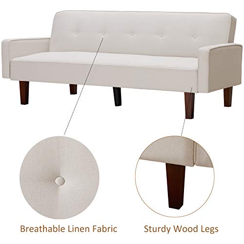 Olela Sofa Bed Convertible Sofa Couch Futon Sleeper Linen Fabric Reclining Sofa With Armrest Wood Legs For Living Room Furniture (Ivory) #TOP6