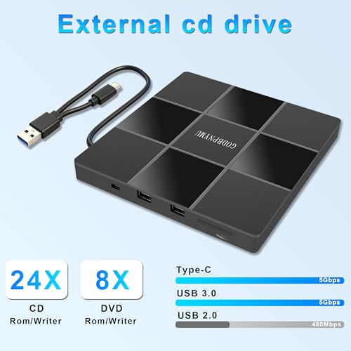 Image of 5-in-1 External CD Drive, DVD Player for Laptops& CD Burner,DVD + /-RW 2 USB Ports, TF /SD Card Reader, Compatible with Windows 11 /10 /8 /7 /XP, Linux, and Mac OS - Includes Case + 4 Sleeves
