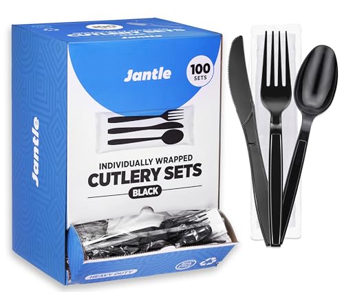 Individually Wrapped Plastic Cutlery Set with Napkin - 100 Pack Heavy Duty Disposable Forks Spoons Knives - Sanitary Wrapped Utensils Packets for Restaurants Catering Takeout Parties (Black)
