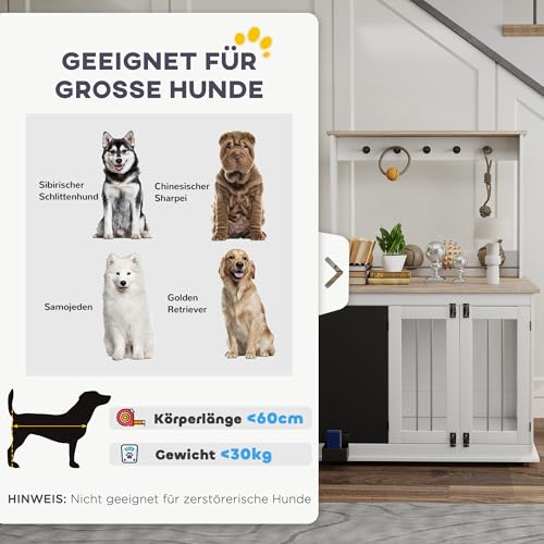 PawHut Hundekäfig für Zuhause, Hundebox mit 3 Türen, Haken, Hundehaus mit Radiergummi, Schreibtafel, Aufbewahrungsregal für Spielzeug, für große Hunde, Weiß