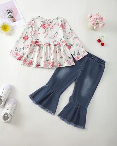 Baby Girl Clothes 12 18 Months Toddler Girls Fall Winter Outfit Ruffle Heart Print Top Shirt Flare Denim Jeans Outfit Set for Girl 1 Year Old - Thumbnail 3