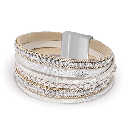 Image of Fesciory Leather Wrap Bracelets for Women, Boho Leopard Multi-Layer Crystal Beads Cuff Bracelet Jewelry