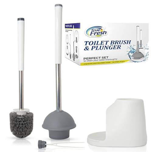 True Fresh Toilet Brush and Plunger Set with Holder Caddy -Stainless Steel Brush and Toilet Plunger for Heavy Duty -2-in-1 Scrubber Combo with Hidden Tweezer & Extendable Plastic Handle