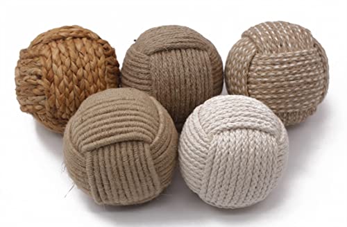 5pc Nautical Rope Balls – 2.5 Inch Each – Handmade Jute and Cotton Decorative Knots – for Rustic Tray Fillers, Wedding Centerpieces, Beach House or Living Room Decor Display