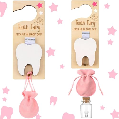 LiveOnce Tooth Fairy Door Hanger Set - Wooden Lost Tooth Holder with Coins & Bag, Kids Tooth Keepsake Gift, Bedroom Decor for Boys & Girls (Pink)