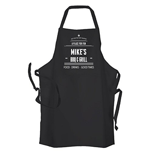 Mens Personalised Black Apron BBQ & Grill Design Personalised with A Name of Your Choice