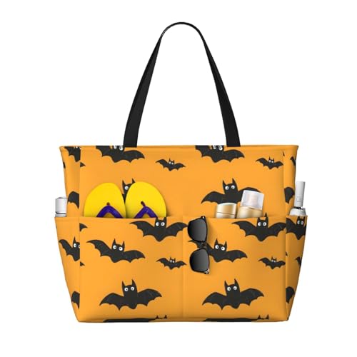 Large Beach Bags for Women Sandproof - Cute Black Bat Print Summer Travel Work Tote Bags with Zipper