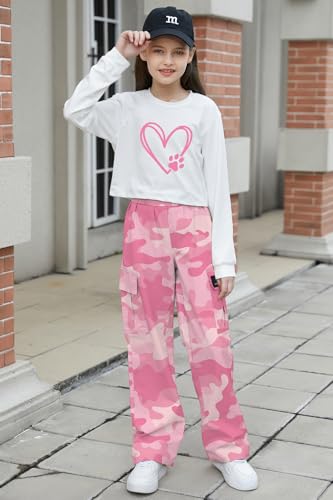 Image of Betusline Girl's 2 Piece Outfits, Cute Girls Fall Clothing Sets Cargo Pants + T-Shirt Top, 4T-14 Years