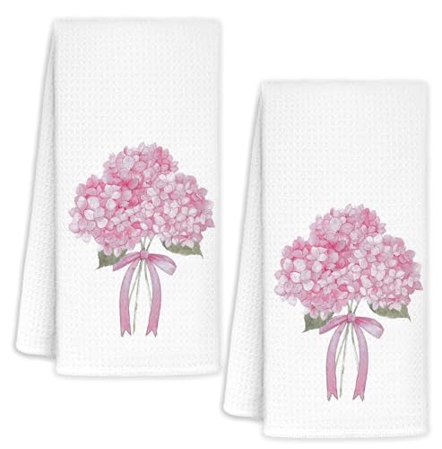 YTRGI Spring Pink Hydrangea Bow Decorative Hand Towels for Bathroom Washroom Set of 2, Hydrangeas Gifts, Hydrangea Bathroom Decor, Flower Floral Hydrangeas Kitchen Towels, 16x24 Inch