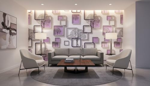 Image of Purple 3D Frames & Trees Self-Adhesive Wallpaper Roll 45x300cm | Decorative Wall Sticker for Home Interiors | Modern Peppy Purple Cube Pattern Vinyl Decor Sheet