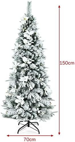 GYMAX 5FT/6FT Slim Pencil Tree, Hinged Artificial Christmas Tree with 339/471 Branches Tips, Folding Metal Stand, White Berries and Flowers, Snow Flocked Xmas Tree for Home, Office & Party