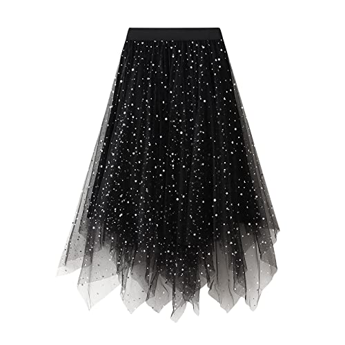Women A Line Tulle Skirts High Waist Irregular Ruffle Layered Fashion Midi Skirt Party Evening Mesh Long Skirt