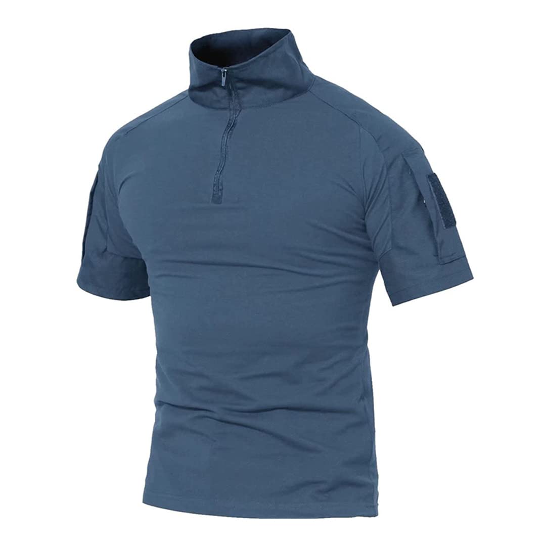 T-Shirt Militare da Uomo T-Shirt Tattica a Maniche Corte 1/4 Zip Abbigliamento Militare t-Shirt da Lavoro Escursionismo Campeggio (Blu Grigio 3XL)