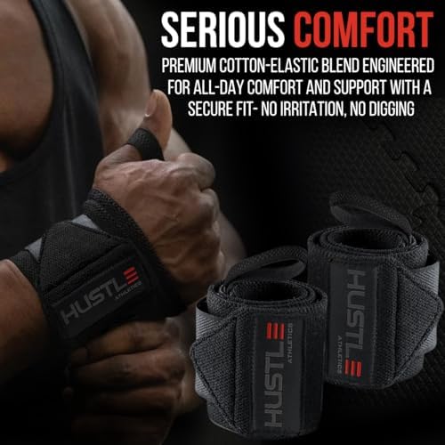 Hustle Athletics Wrist Wraps for Weightlifting - 18" & 12" Premium Wrist Support Weight Lifting Wraps to Lift Heavier & Train Harder - Heavy Duty Powerlifting & Bench Press Gym Straps for Men & Women