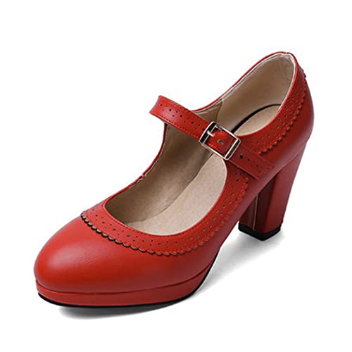 DEERBUNNY Women's Chunky Block Heels Pumps Ankle Strap Round Toe Mary Jane Shoes Platform Perforated Oxfords Shoes Party Dress Pump