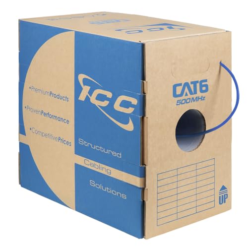 ICC Cat6 CMR Riser 1000ft - UTP 23AWG, 100% Solid Pure Copper, Unshielded, Bulk Ethernet Cable, PoE++, 500MHz, Reelex Pull Box, UL Certified, RoHS and TAA Compliant, Blue