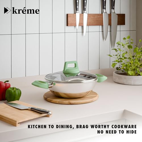 Image of Kreme Set of 2 Platina Triply Stainless Steel Kadhai with Lid (22 cms & 26 cms /Capacity 2.1 litres & 3.3 litres; Induction and Gas Compatible