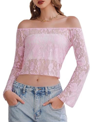 Avidlove Lace Tops for Women Off The Shoulder Tops Y2k Sexy Mesh Bell Long Sleeve Crop Tops(Light Pink,S)