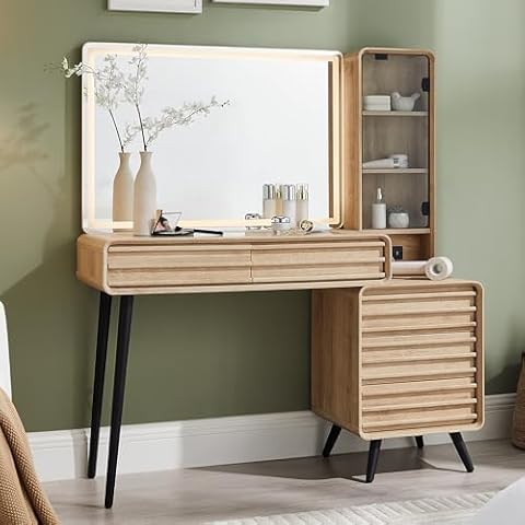 T4TREAM Fluted Makeup Vanity Desk with Large 35" HD Lighted Mirror, 48" Mid Century Modern Glass Top Vanity Table with 5 Drawers & Adjustable Shelf, Dressing Table w/Charging Station for Bedroom, Oak Cover