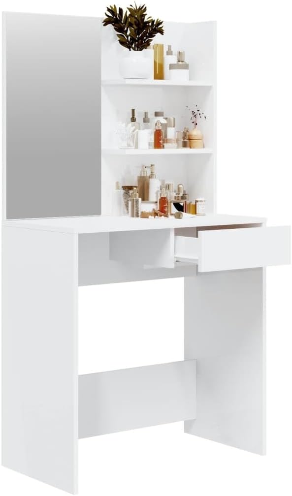 Dressing table with drawer partially open