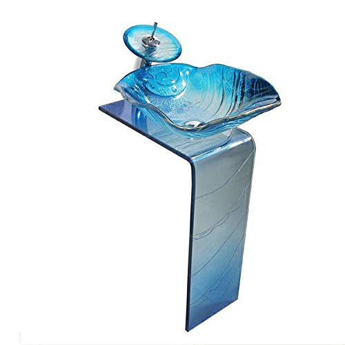 chicstyleme Modern Bathroom Basin and Full Pedestal Vanity Sink with Taps High 680mm Glass Wash Basin Set Sea Bell