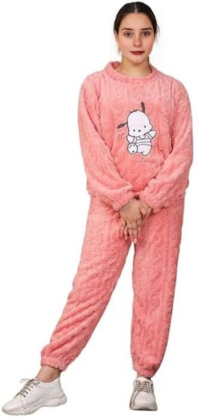 Image of Women's Fur Long Sleeve Nightsuit | Regular Fit Warm Top and Pyjama Set | Winter Wear Sweatpant Set for Women